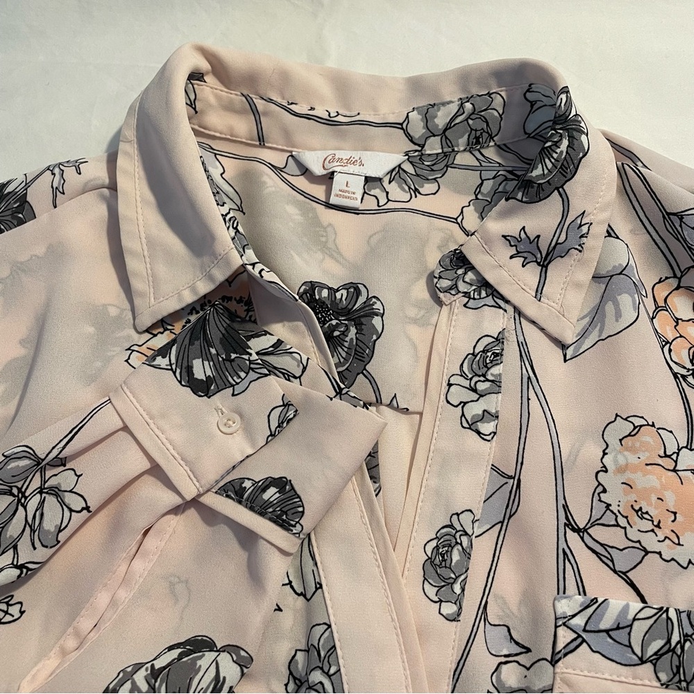 Candie's Blush Ladies Floral Button Down Blouse Large Sheer Long Sleeve Dressy